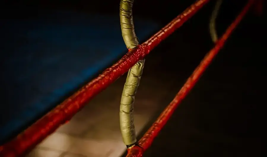 Cordas de um ringue de boxe vistas em primeiro plano